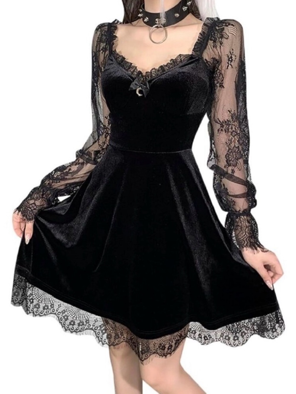 Black Lace Sleeve Velvet A-Line Dress